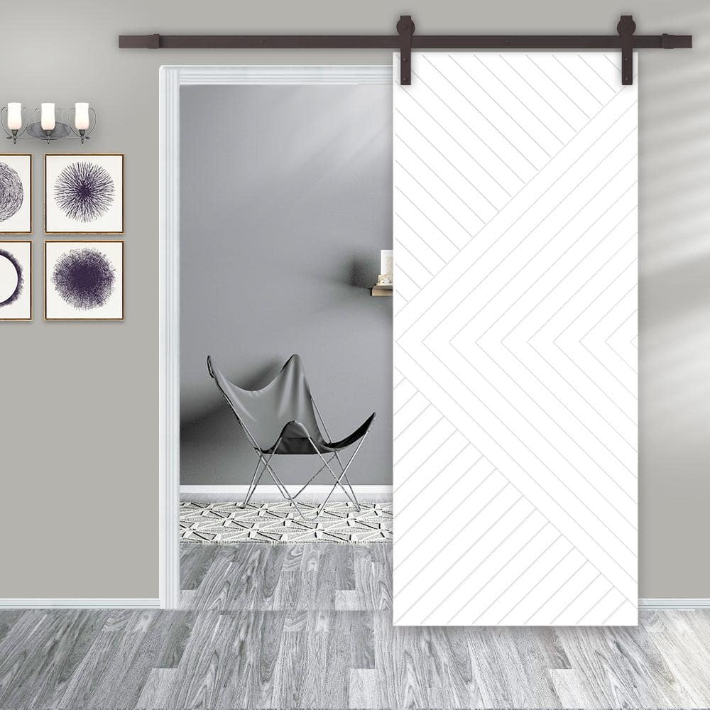 White Chevron Hollow Core Barn Door Kit with Oil Rubbed Bronze Hardware
