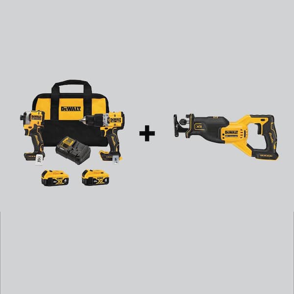 DEWALT 20V MAX XR Hammer Drill and ATOMIC Impact Driver Cordless Combo Kit (2-Tool) and Recip Saw w/(2) 4Ah Batteries