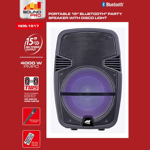SOUNDPRO Portable Power 15 in. Bluetooth Party Speaker with Lights Includes Microphone NDS-1517 - The Home Depot