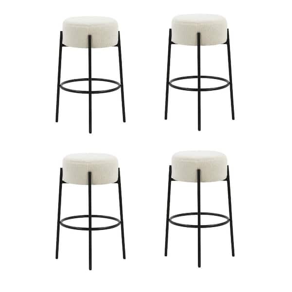 Isaac 29 in. Modern Backless Bar Stool with Padded Boucle Seat and Metal Mid-Century Base, Boucle White/Black, Set of 4