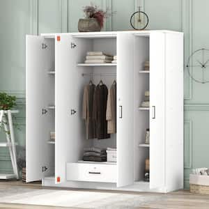 4-Door White Wood 59.2 in. W Wardrobe with 1-Drawers