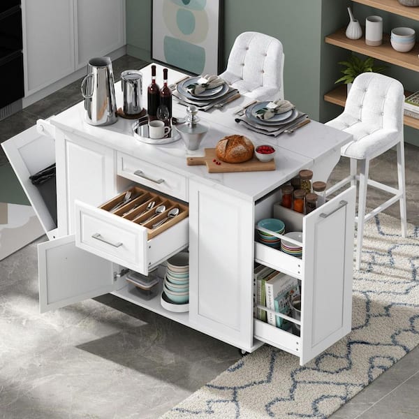 Cesicia Modern White Wood 50.7 in. Power Outlet 2-Drawer Kitchen
