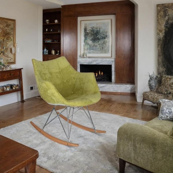 Leisuremod Accent Rocking Chair Upholstered in Polyester Velvet with Ash Wood Dowel Base Curved Back in Lemon Green/Velvet