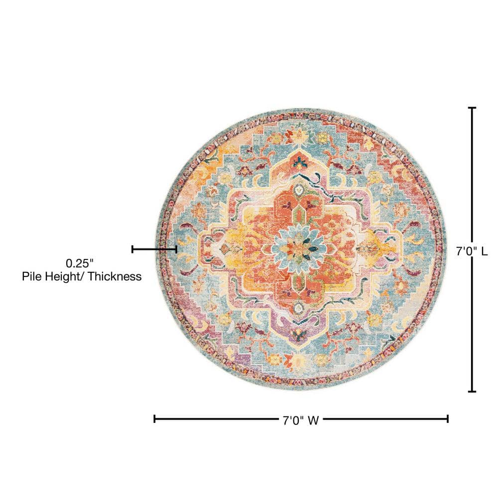 Hand-Knotted Orange & Teal Floral Synthetic 7' Round Area Rug