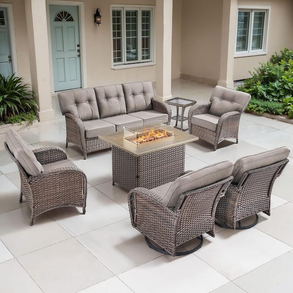 TWrap Brown 7-Piece Wicker Outdoor Patio Fire Pit Deep Seating Set with Gray Cushions