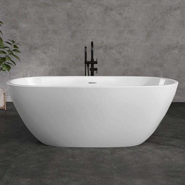 Zeafive Ema 65 in. x 29.5 in. Acrylic Flatbottom Freestanding Soaking Bathtub with Pop-Up Drain in Matte White Bathroom Tub