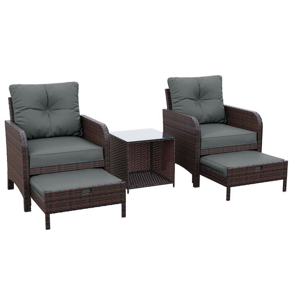 5-Piece Wicker Lounge Chair Outdoor Rattan Patio Conversation Set with Ottoman and Gray Soft Cushions