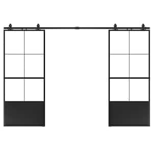 60 in. x 84 in. 3/4-Lite Clear Glass Black Steel Frame Double Sliding Barn Door with Hardware Kit and Soft Close