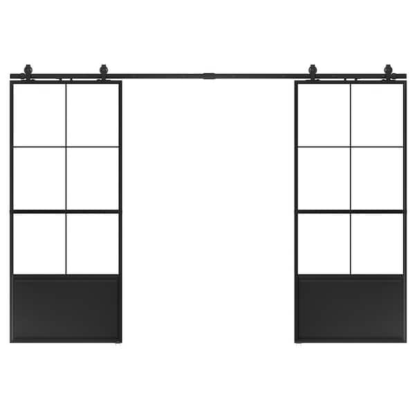 SOCBAZZAR 84 in. x 84 in. 3/4-Lite Clear Glass Black Steel Frame Double Sliding Barn Door with Hardware Kit and Soft Close