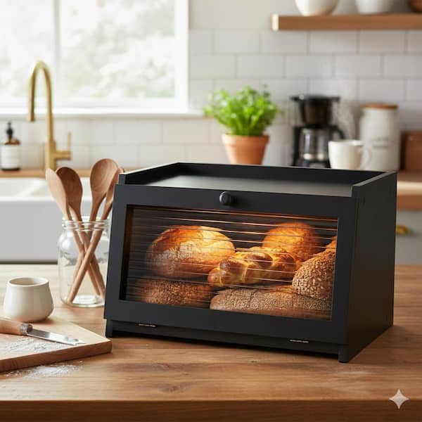 1 Piece Large Bread Box with Window Wooden Farmhouse Bread Storage Magnetic Closure Countertop Organizer Black Set