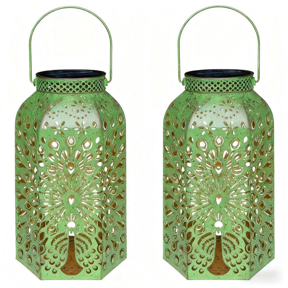 OGETFUUR 2-Pack Antique Green Solar Outdoor Lanterns, Waterproof