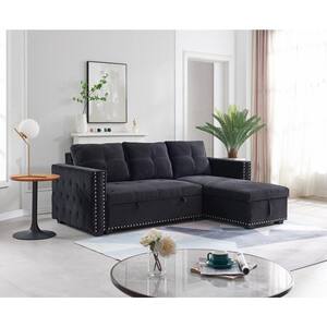 91 in. Black Velvet Reversible Sleeper 3 Seat Sectional Sofa Corner Full Sofa Bed with Storage Square Arm Nailheaded