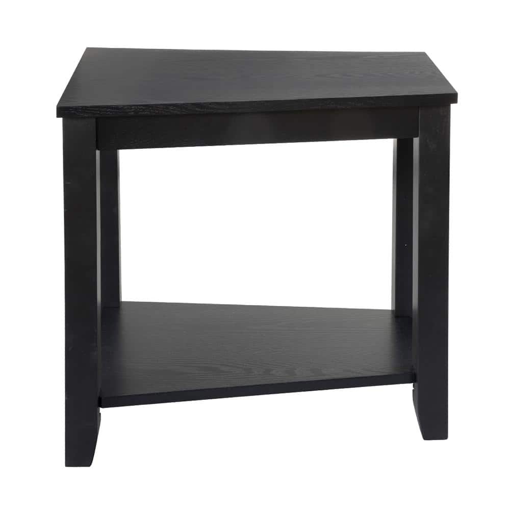 Black Triangular Wood Chairside Table with Shelf