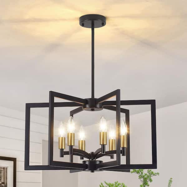 ZSMIHDOH 6-Light Black and Gold Candle-Style Geometric Square / Rectangle Chandeliers for Kitchen Island with No Bulbs Included