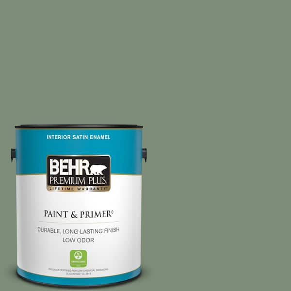 BEHR PREMIUM PLUS 1 gal. #450F-5 Amazon Moss Satin Enamel Low Odor Interior Paint & Primer