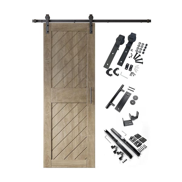 HOMACER XT1 26 in. x 84 in. C-Panel Classic Gray Slanted Stripe Design Solid Pine Wood Sliding Barn Door with Hardware Kit