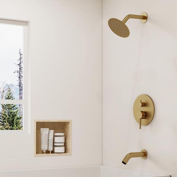 Single Handle 2-Spray 2.5 GPM Tub and Shower Faucet 6 in. Head in Brushed Gold Valve Included
