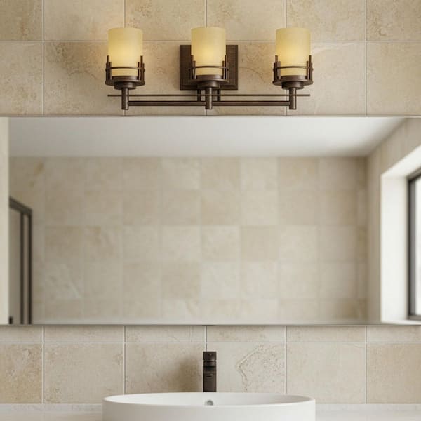 Mission Ridge 23.5 in. 3-Light Warm mahogany Mission Vanity Light with Goldenrod Glass Shades