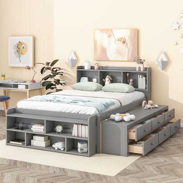 Mora Gray Wood Frame Full Size Platform Bed with Bookcase Headboard, Storage Drawers, End Storage Case