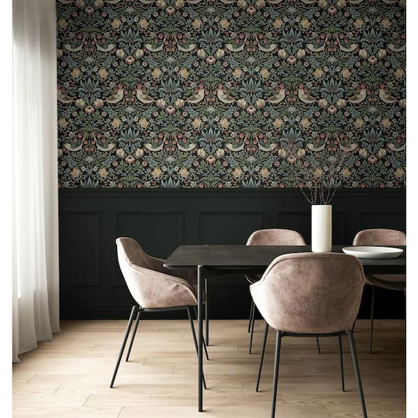 Ebony Fragaria Garden Pre-Pasted Paper Wallpaper Roll 56 sq. ft.