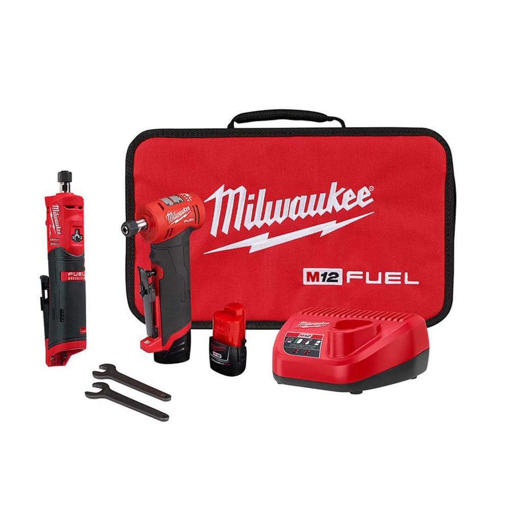 Milwaukee M12 FUEL 12-Volt Lithium-Ion Brushless Cordless 1/4 in. Right  Angle & Straight Die Grinder Kit with (2) 2.0Ah Batteries 2485-22-2486-20
