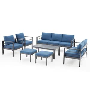 Gray 7-Piece Aluminum Patio Conversation Set with Ottomans and Blue Cushions