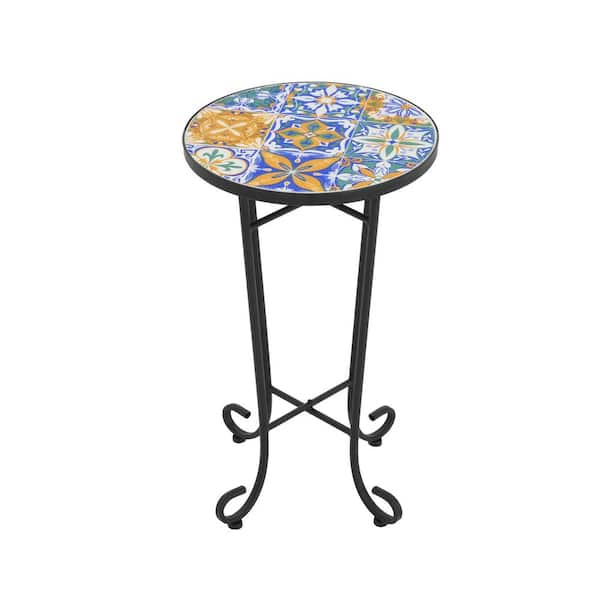 Black Frame Round Colorful Ceramic Tile Top Outdoor Side Table with Weather-Resistant Design and Stable Curved Base