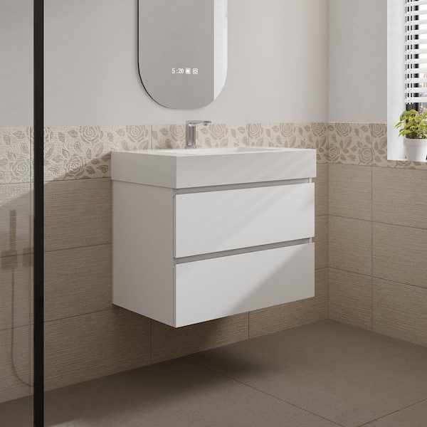 Aaby 30 in. W x 18 in. D x 25 in . H Wall Mounted Floating Bath Vanity in White with White Solid Surface Top and Sink