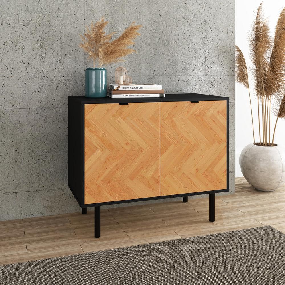 Black and Wood Mid-Century Modern Freestanding Office Cabinet