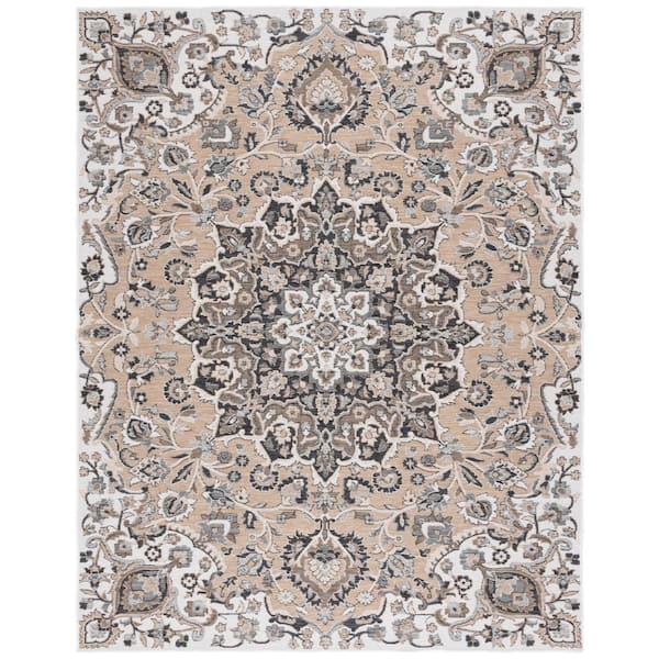 SAFAVIEH Sunrise Gray/Beige Black 8 ft. x 10 ft. Floral Medallion Reversible Indoor/Outdoor Area Rug