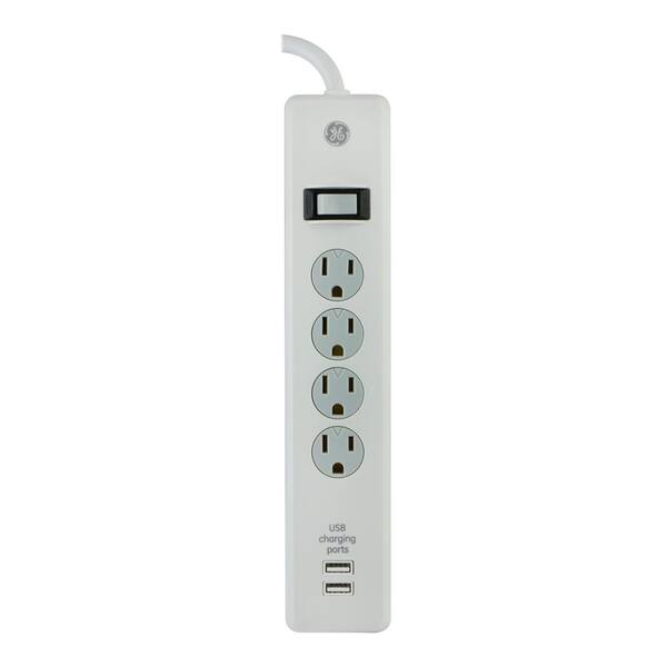 GE 3 ft. 4-Outlet and 2-USB Port, 1.0 Amp, 450 Joules Surge Protector, White