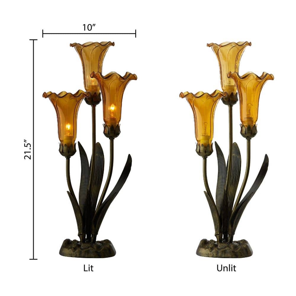 21.5" Amber Glass and Bronze Lily Table Lamp Set