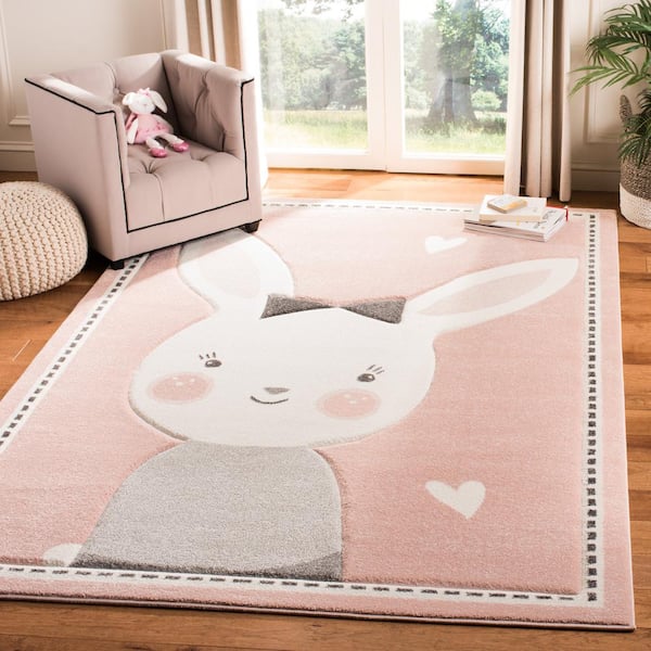 Carousel Kids 2 ft. x 3 ft. Pink/Ivory Border Solid Color Area Rug