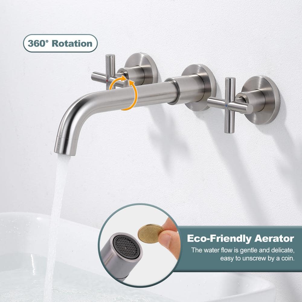 Brushed Nickel Double Handle Wall Mount Bathroom Faucet