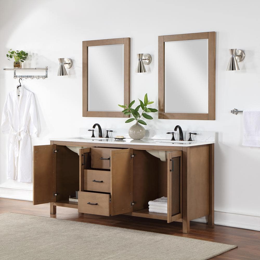 Hadiya 72" Brown Pine Double Vanity with White Stone Countertop