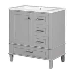 30 in. W x 18 in. D x 34 in. H Freestanding Bath Vanity in Gray with White Resin Top with a Door and 3-Drawers
