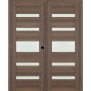 Vona 07-05 64 in. x 96 in. Left Active 5-Lite Frosted Glass Pecan Nutwood Wood Composite Double Prehung Interior Door