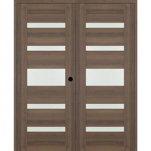 Vona 07-05 60 in. x 84 in. Left Active 5-Lite Frosted Glass Pecan Nutwood Wood Composite Double Prehung Interior Door