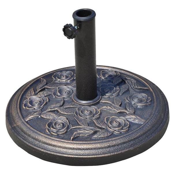Outsunny 18 in. Round Decorative Resin Rose Floral Patio Umbrella Base with Elegant Bronze Finish and Universal Coupler