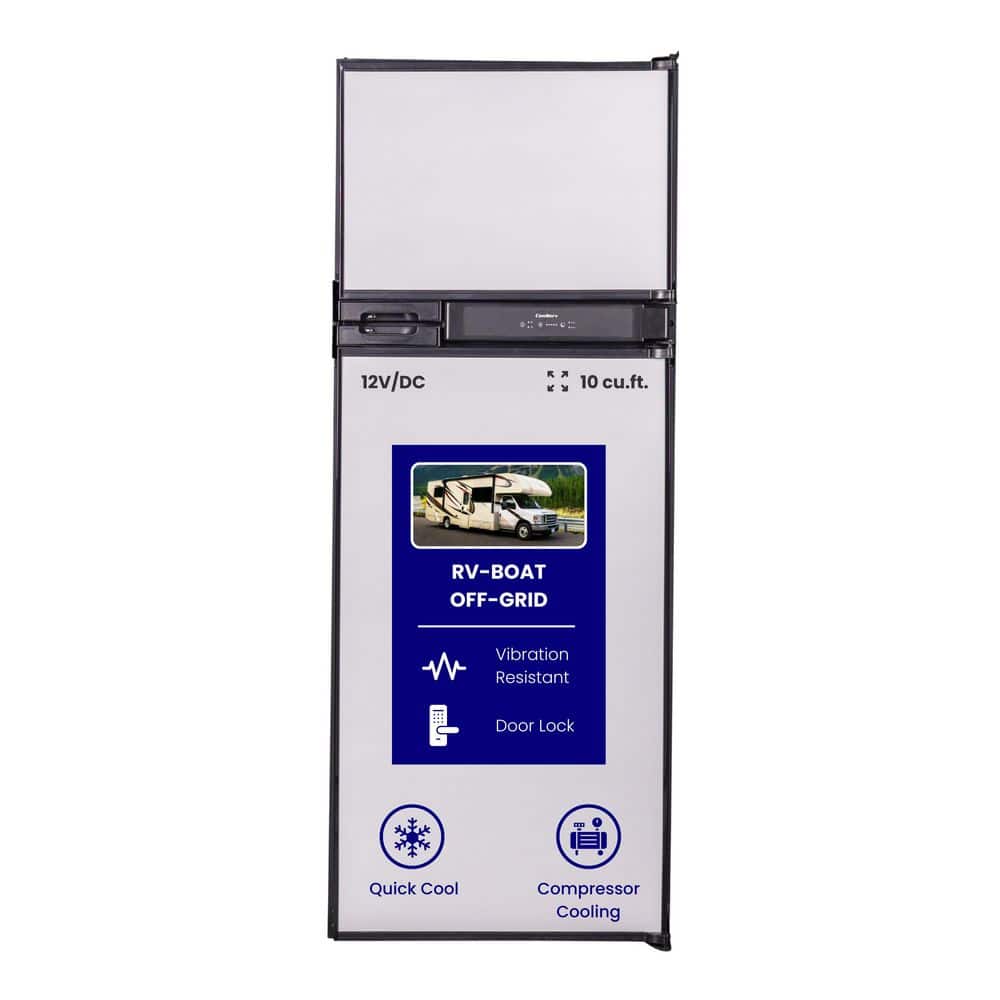 22.83 in 10 cu. ft. 12V/DC Top Freezer Refrigerator installation depth 24 in. in Stainless for RV Boat Off-Grid 2 Doors