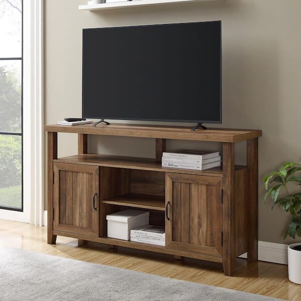 Walker Edison Furniture Company 58 in. Farmhouse Rustic Oak Wood TV Stand with 2 Grooved Detail Doors (Max TV Size 65 in.)