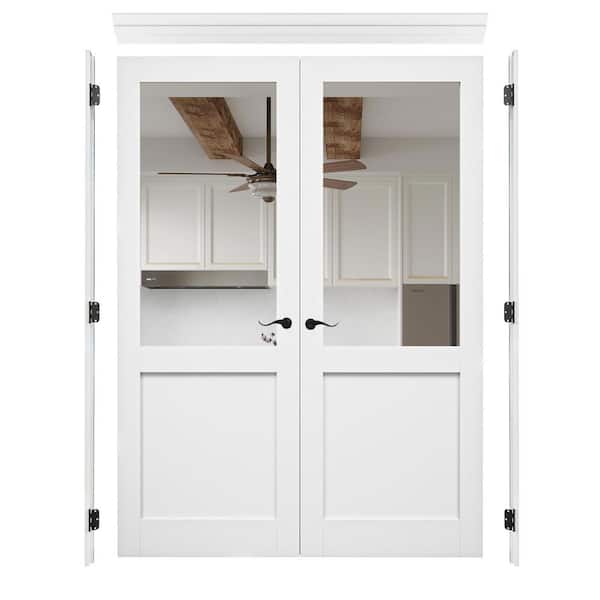 ARK DESIGN 60 in. x 80 in. Half Lite Mirrored Glass Solid Core MDF White Primed Double French Door with Assemble Jamb Kit