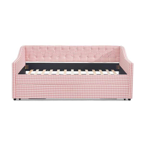 Pink Twin‑Size Upholstered Daybed 3‑in‑1 Versatile Sofa Bed with Pull‑Out Trundle & Side Storag Tufted Button Backrest