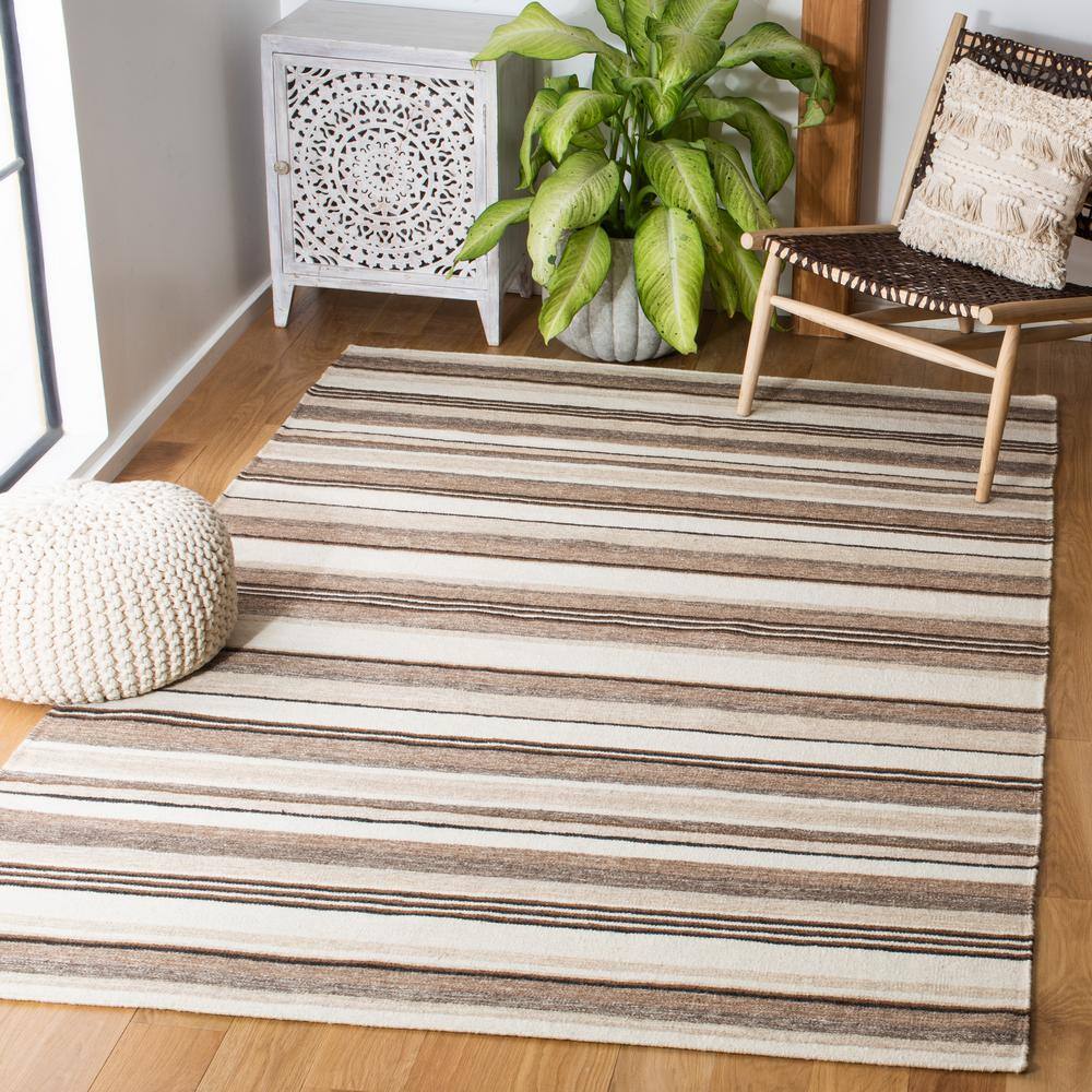Natural Ivory Striped Wool 6' x 9' Handmade Area Rug