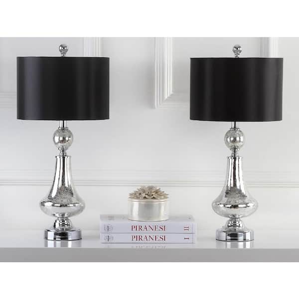 Mercury 25.5 in. Ivory/Silver Crackle Bell Glass Table Lamp with Black Satin Shade(Set of 2)