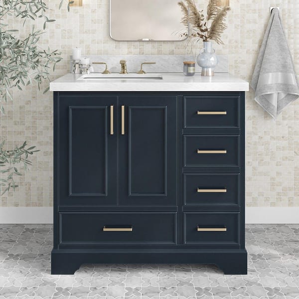ARIEL Stafford 37 in. W x 22 in. D x 36 in. H Left Single Sink Bath Vanity in Midnight Blue with Carrara White Marble Top