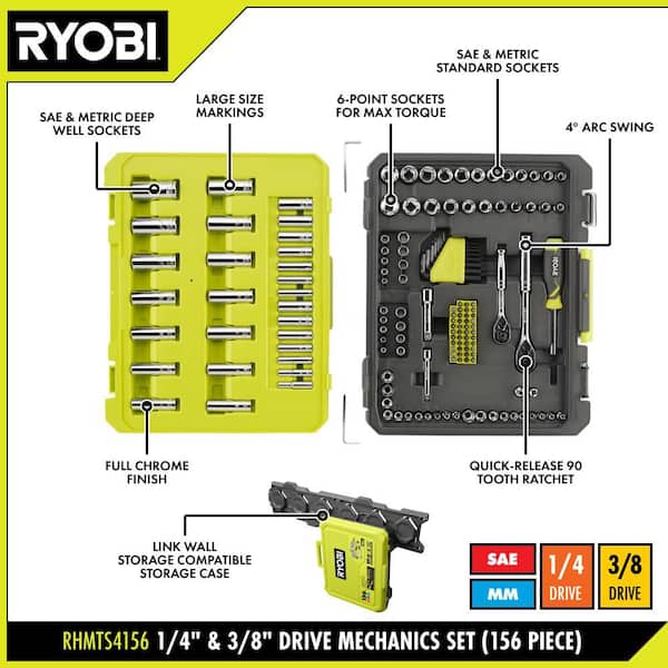RYOBI 156-Piece 1/4 in. and 3/8 in. Drive Mechanics Tool Set
