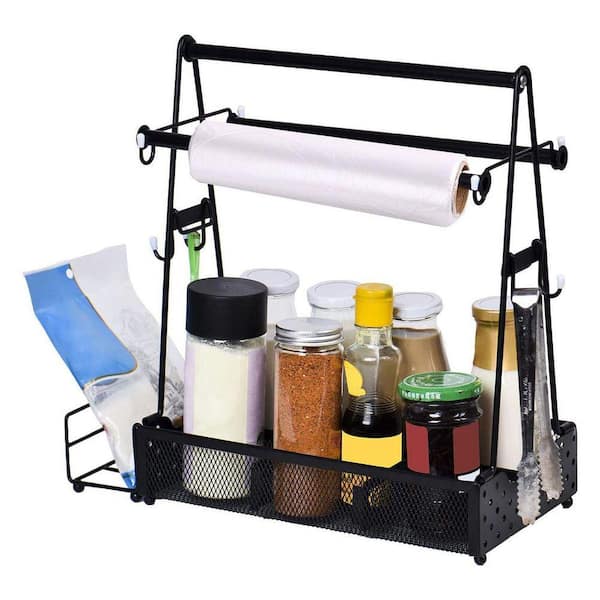 Metal Grill Utensil Caddy with Paper Towel Holder-Outdoor Picnic Camping Grilling Tool Organizer in Black
