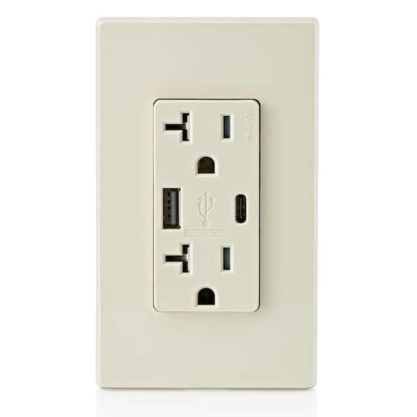 20 Amp Type A and Type-C USB Charger/Tamper Resistant Receptacle, Light Almond T5833-T
