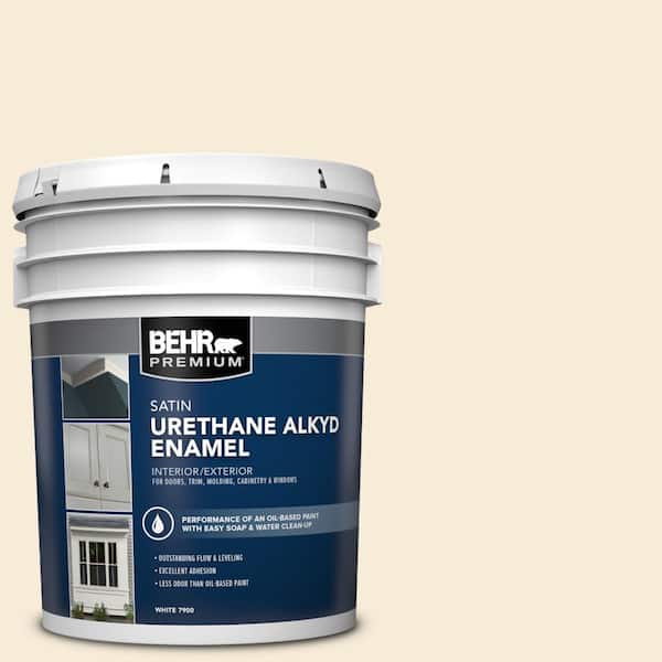 BEHR PREMIUM 5 gal. #YL-W04 Linen White Urethane Alkyd Satin Enamel Interior/Exterior Paint
